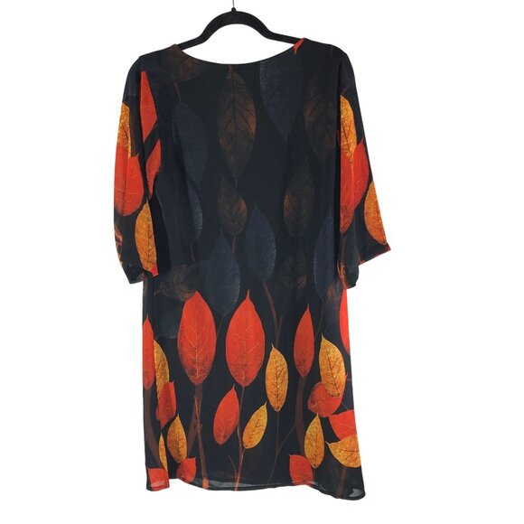 Zara Shift Dress 3/4 Sleeve Scoop Neck Fall Leaf Print Black Orange L - Picture 2 of 3